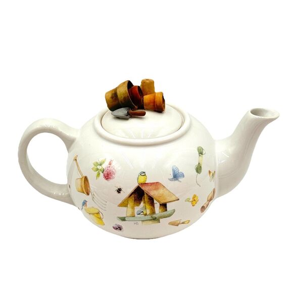 Marjolein Bastin Hallmark Teapot Birdhouse Birds Bees Butterfly w Flowerpot Lid - Picture 3 of 10